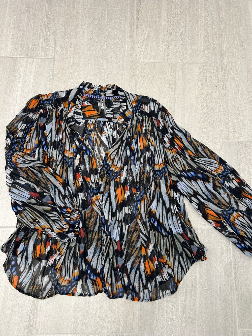 Anthropologie Multicolor Feather-Print Button Front Blouse
